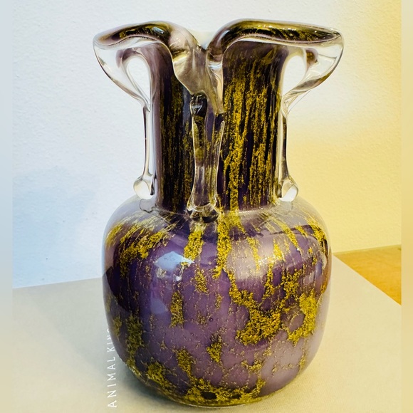 Purple Lavender Gold Speckled Murano Style Cased Art Glass Vase Polished Bottom - Picture 2 of 4